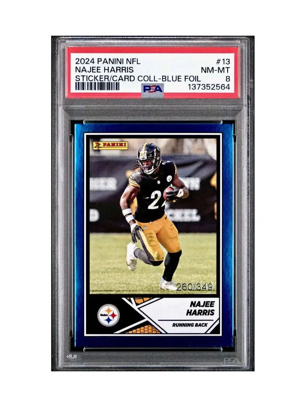 Najee Harris 2024 Panini Sticker Collection 260/349 #13 Blue Foil PSA 8 NM-MT